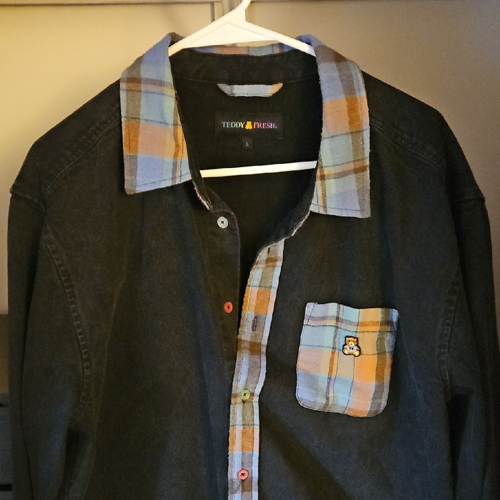 Teddy Fresh Plaid Accent Denim Shirt